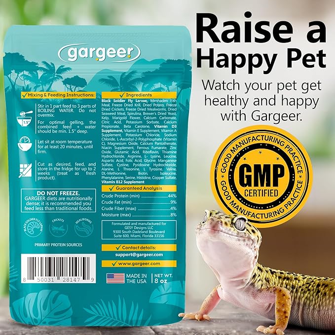 Gargeer Leopard Gecko Food 8oz. Complete Gel Diet for Both Juveniles and Adults. Proudly Made in The USA, Using Premium Ingredients, Fortified Gourmet Formula.