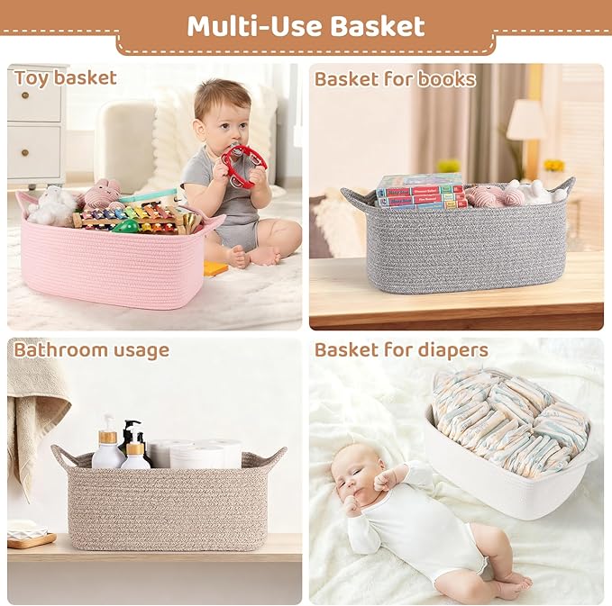 OIASKET Large Empty Gift Baskets for Baby Shower, 16.5" L x 12.6" W x 7" H Cute Woven Storage Basket with Gift Bags and Ribbons, Small Rope Toy Basket with Handles, Cat Dog Pet Toy Organizer - Brown
