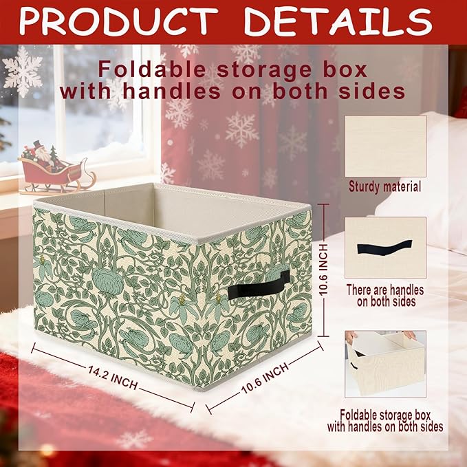 Vintage Green Art Nouveau Floral Storage Bins, Green Vine Flower Botanical Foldable Closet Organizers Storage Basket Toybox for Clothes Bed Sheets Blankets Toys