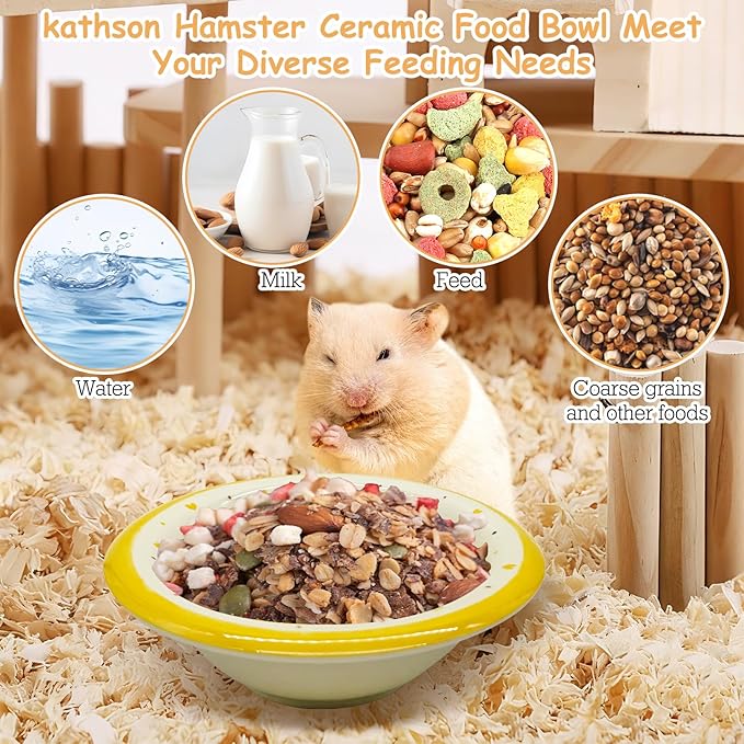 kathson Hamster Ceramic Food Bowl Small Animal Bowls with Banana Pattern for Cage Guinea Pig Anti-Turning Food and Water Dish Pet Feeder for Gerbil Hedgehog 2PCS