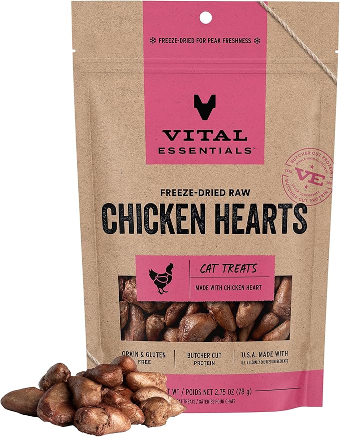 Vital Essentials Freeze Dried Raw Chicken Hearts Cat Treats | Single Ingredient | Premium Quality | Grain Free, Healthy Treats for Cats, 2.75 oz Bag