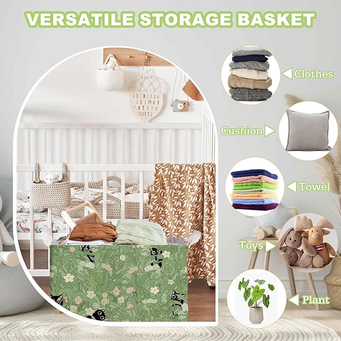 Black Cat Flower Green Storage Basket, Cats Gift Hamper for Pet Owners, Black Cat Bathroom Decor,Bin for Pet Lovers, Organizer Baskets for Bedroom, Large Squarecanvas Laundry Hamper With Foldable