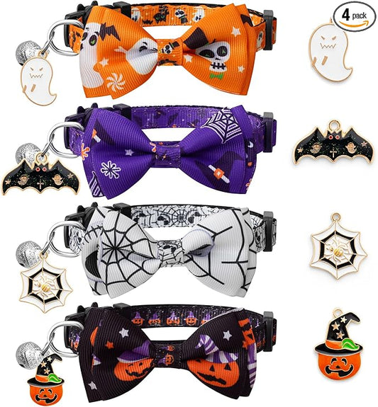 LLHK 4 Pack Halloween Cat Collar with Bow Tie and Bell,Breakaway Kitten Collar for Girl Boy Cats,Adjustable 7-12inch,for Kitty Kitten Adult Cats,Pet Supplies…