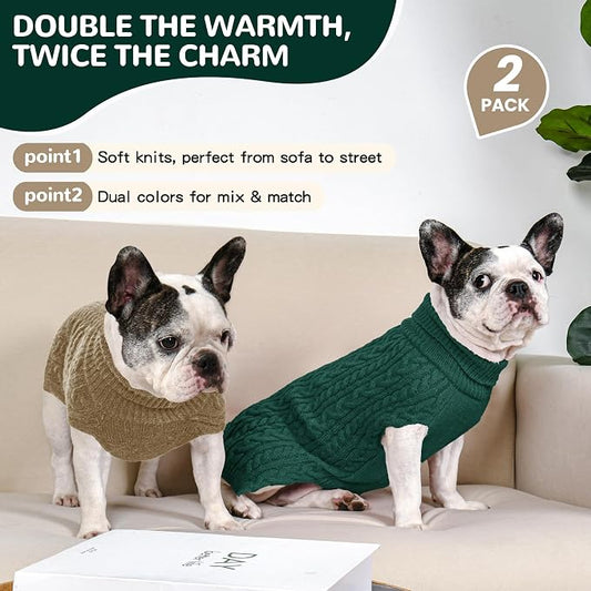 Dog Sweater 2 Pack for Medium Dogs, Size L, Green & Brown | Stretchy cable knit turtleneck, machine washable, high belly cut, comfy winter fit for French Bulldog, Corgi