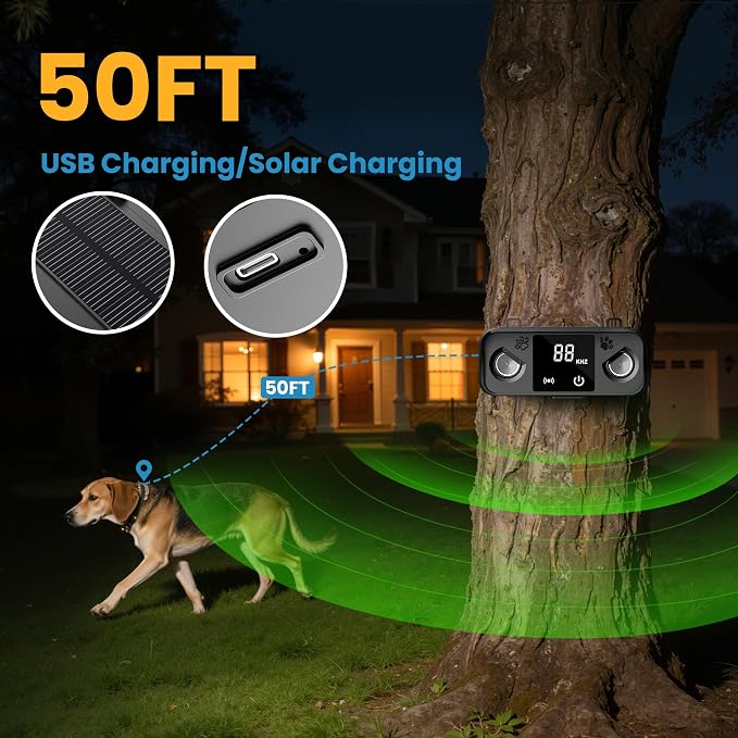 Solar Ultrasonic Dog Bark Deterrent Device, Outdoor Waterproof Anti Barking Device for Dogs with 50ft Range, Sonic Bark Deterrent for Small Medium Large Dogs for Indoor and Outside Use