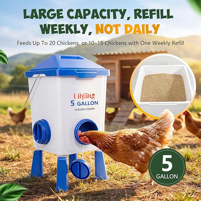 Lilyang Large Chicken Feeder and Waterer Set 5 Gallon, Automatic No-Waste Feeder, Elevated Water Dispenser with Legs, Anti-Spill Ports & Leak-Proof Cups, Feed Chickens & Ducks