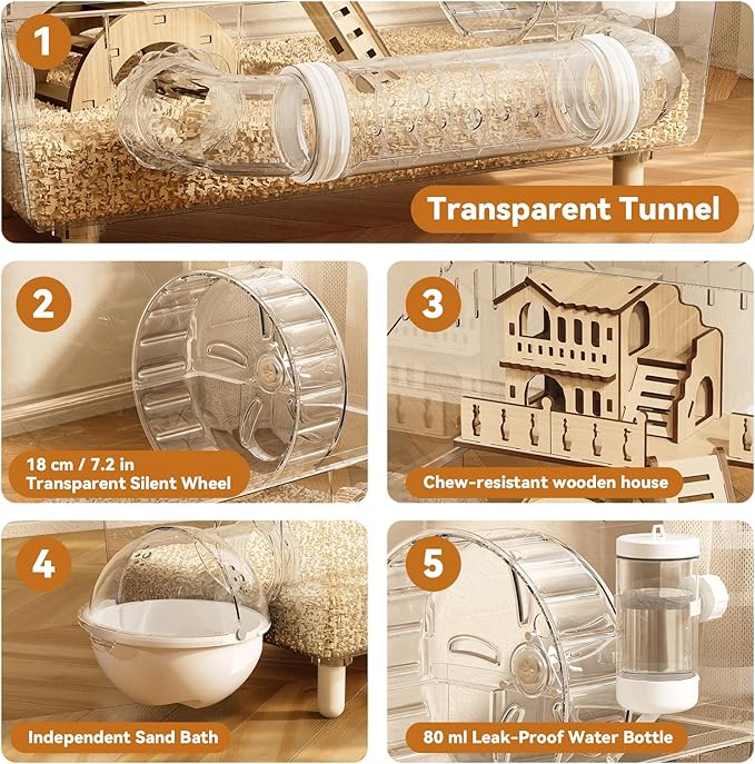 9 in 1 Acrylic Hamster Cage, Clear Dwarf Hamster Cage, with Tubes and All Accessories, 2-Tier Mouse Habitat, Easy to Clean, Suitable for Small Pets (Transparent)