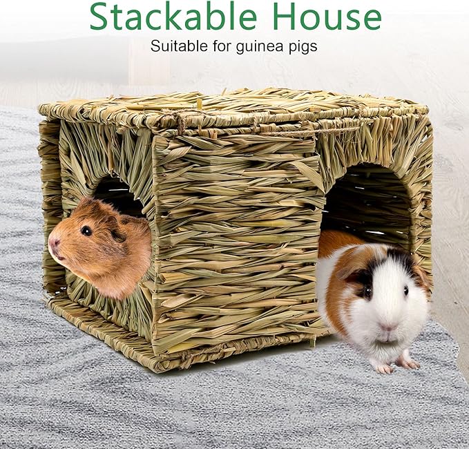 BWOGUE Large Grass House for Guinea Pigs,Hand Woven Straw Hut Foldable Small Animal Play Hideaway Bed with Double Openings Playhouse for Bunny Guinea Pig Chinchilla Ferret