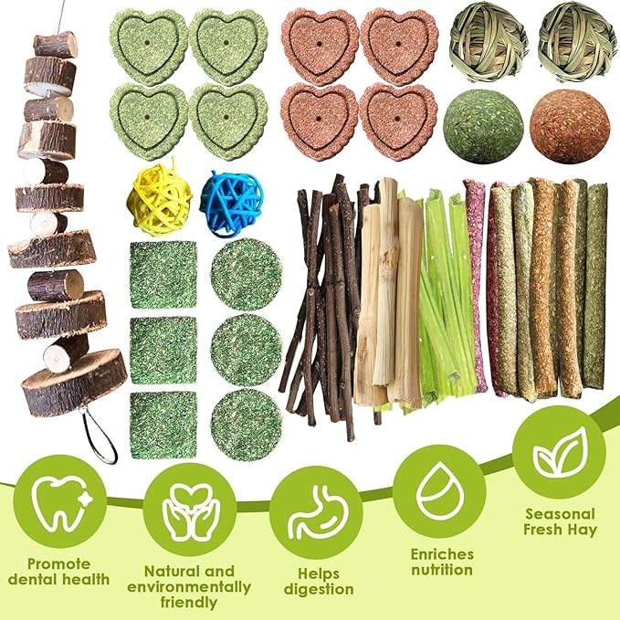 72Pcs Bunny Chew Toys with Applewood Hanging Strings, BunnyTreats for Rabbits Bunny Toys for Teeth, Papaya Stem, Timothy Stick, Apple Sticks, Sweet Bamboo, for Guinea Pig, Hamster, Chinchilla, Rat