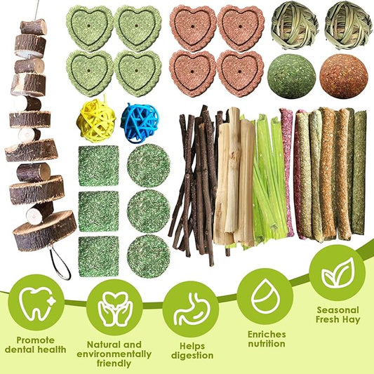 72Pcs Bunny Chew Toys with Applewood Hanging Strings, BunnyTreats for Rabbits Bunny Toys for Teeth, Papaya Stem, Timothy Stick, Apple Sticks, Sweet Bamboo, for Guinea Pig, Hamster, Chinchilla, Rat