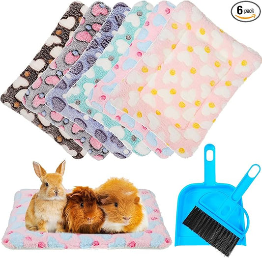 Yulejo 6 Pieces Guinea Pig Bed Plush Hamster Mat Bunny Bed Small Animal Sleeping Bedding Pads with Cleaning Dustpan Brush for Chinchilla Squirrel Hedgehog Small Animals (Vivid Color, Heart)