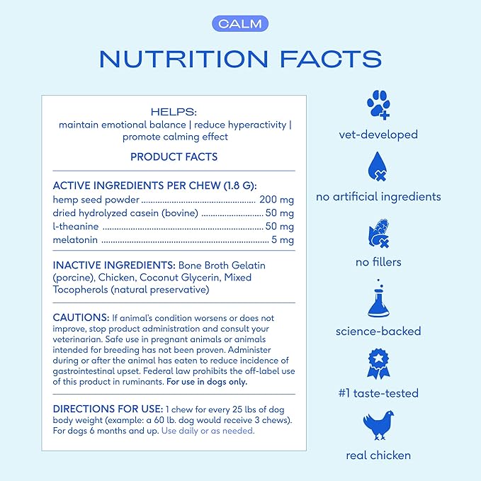 Native Pet Calming Chews for Dogs - Promotes Calming Effect, Supports Emotional Balance & Reduces Hyperactivity - Hemp Seed, Melatonin for Dogs, L-Theanine & Casein - 30 Chews