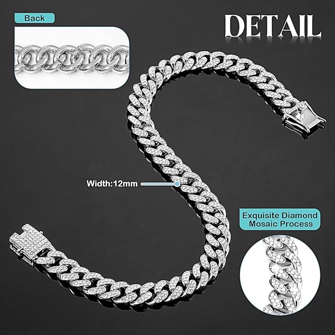Tallew Silver Dog Chain Diamond Collar Walking Metal Chain Necklace with Secure Buckle Pet Cuban Style Collar Jewelry Accessories for Small Medium Large Dog Cats (26 Inch)