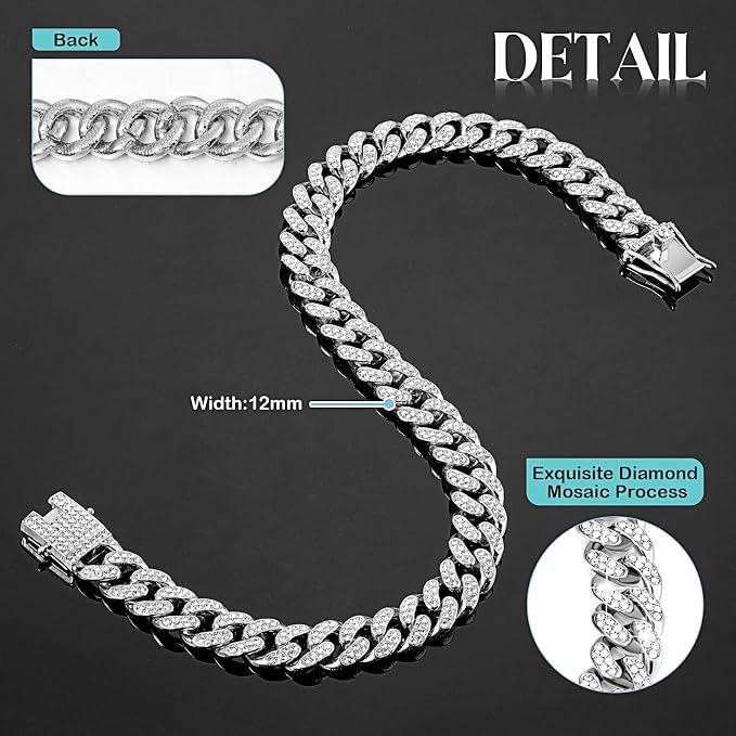 Tallew Silver Dog Chain Diamond Collar Walking Metal Chain Necklace with Secure Buckle Pet Cuban Style Collar Jewelry Accessories for Small Medium Large Dog Cats (24 inch)
