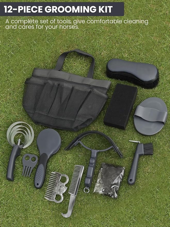 Horse Grooming Kit 12 Pieces Set – Complete Horse Brushes & Care Supplies Set with Organizer Tote Bag, Equine Coat Grooming Tools, Tack Room Equipment & Gifts for Horse Owners & Lovers