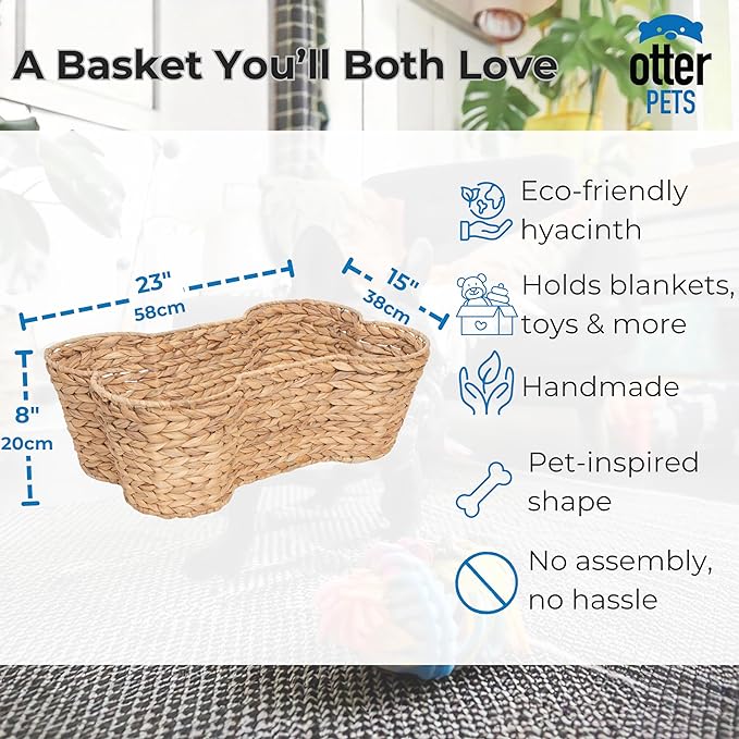 OtterPets Dog Toy Basket, Hyacinth Cat & Dog Bone Shaped Basket, Wicker Pet Toy Bin Organizer, Dog Toy Bin (Large (23"x15"))