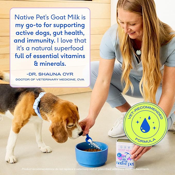 Native Pet Goat Milk Powder - Dog Food Topper for Active Dogs - Post-Activity Recovery, Energy, Immune Support, Hydration & Bone Health - Whole Goat Milk with MCTs & Essential Minerals - 120 Scoops