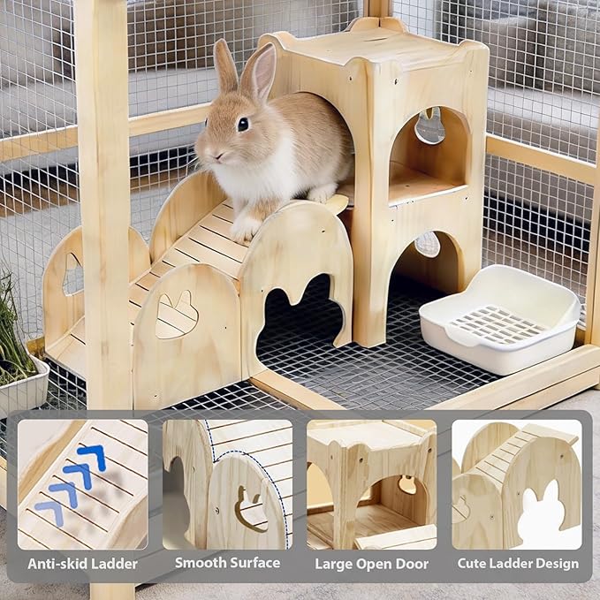 Rabbit Castle Large Guinea Pig Hideout Thicken Solid Wooden Bunny House with Ramp,Rabbit Playhouse for Chinchilla,Hamster,Small Animal Houses & Habitats(Set of 2)