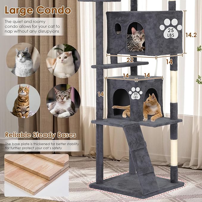 PayLessHere Cat Tree 81in Cat Tower with Cat Scratching Post,Multi-Level Cat Condo Stand House Furniture Kitty Activity Center with Furry Ball Toys Cat Tree for Indoor Cats,Dark Gray