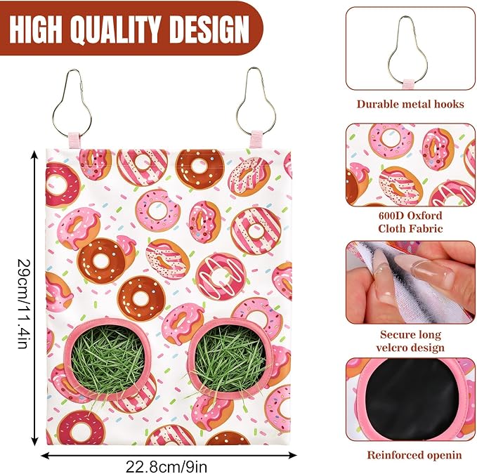 JarThenaAMCS 2Pcs Rabbit Hay Feeder Bag with 2 Holes Donut Guinea Pig Hanging Hay Feeding Bag Storage Dispenser for Chinchilla Hamster Bunny Small Animal Pet