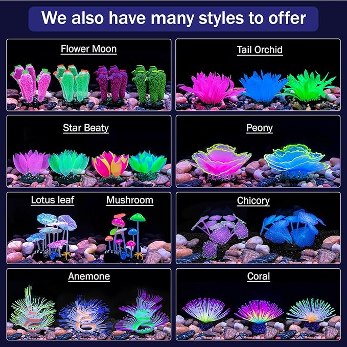 Dynamic Glow in The Dark Aquarium Decorations: Unleashing Visual Effects with Soft Silica Gel, Changing Lights, and Colorful Glowing Coral Ornaments (Blue, Seaweed Moon)