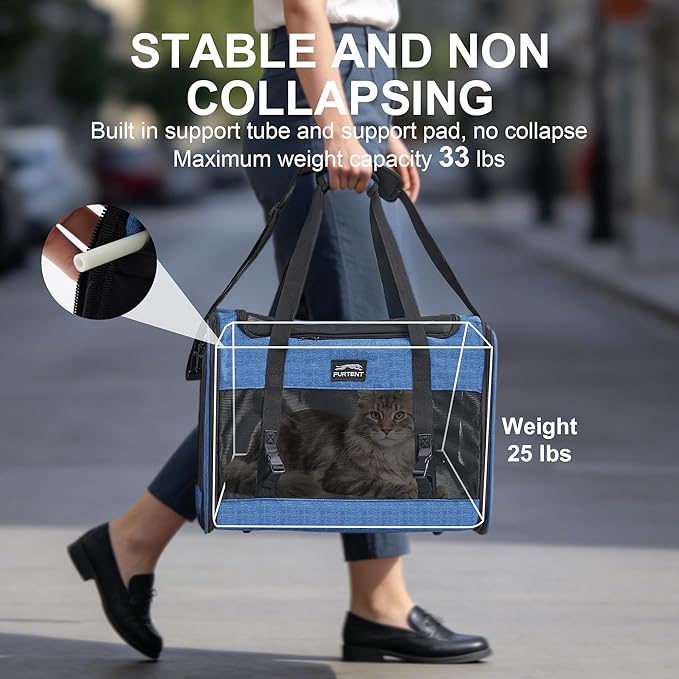 Soft Sided Cat Carrier for Large Cats, Pet Carrier for 2 Cats or Small Dogs Up to 25Lbs, Large Cat Carrier with Shoulder Strap, Cat Car Carrier with Safety Buckle & Cushion, 20x13x13 inches, Blue