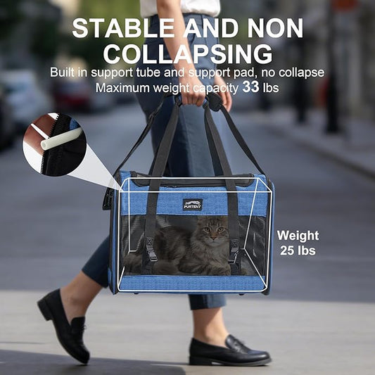 Soft Sided Cat Carrier for Large Cats, Pet Carrier for 2 Cats or Small Dogs Up to 25Lbs, Large Cat Carrier with Shoulder Strap, Cat Car Carrier with Safety Buckle & Cushion, 20x13x13 inches, Blue