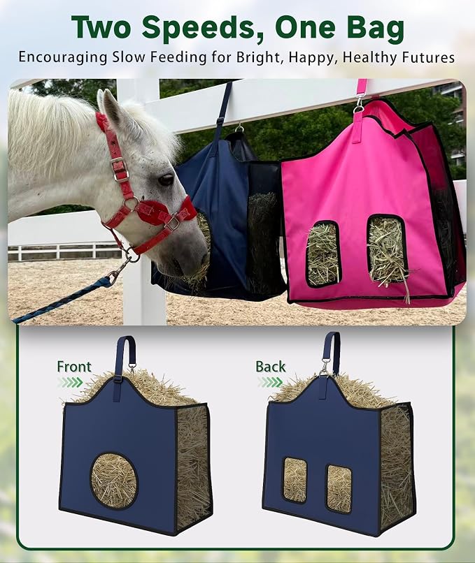 Hay Feeder for Goats and Horses - Slow Feed Design, Heavy Duty Hanging Hay Bag for Barn, Trailer & Paddock, Easy to Hang & Clean(1pcs, Navy Blue)