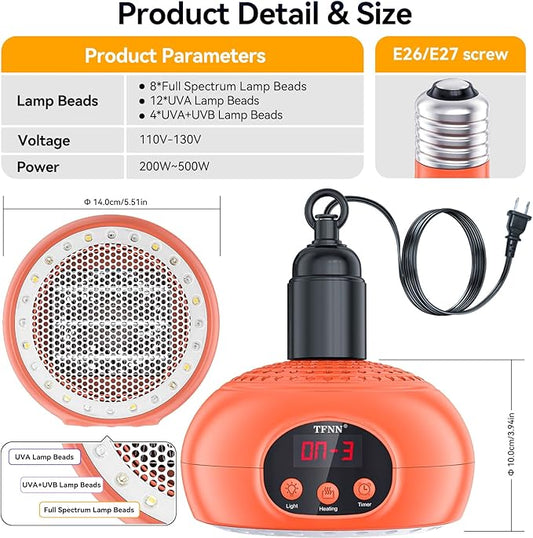 Chicken Coop Heater Lamps,200W-350W-500W Reptile Heating Lamp Upgraded with UVA UVB Ligh 3-6-9-12H Timer,Protable Greenhouse Heater for Outdoor Chicken Coop for Reptile Rabbits Dog Cats (5.2 Inch)