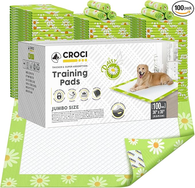 CROCI Dog Pads Extra Large 36x36in Daisy Pattern, Puppy Pads with Adhesive Tabs Super Absorbent Up to 11 Cups, Leak-Poof & Quick Dry Disposable (100 Counts)