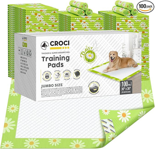 CROCI Dog Pads Extra Large 36x36in Daisy Pattern, Puppy Pads with Adhesive Tabs Super Absorbent Up to 11 Cups, Leak-Poof & Quick Dry Disposable (100 Counts)