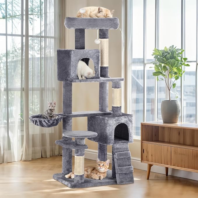YITAHOME 70.8-Inch Tall Cat Tree Indoor: Multi-Level Kitten Tower with Kitty Condos, Top Perches, Scratching Posts & Cozy Basket Pet Play House Light Gray