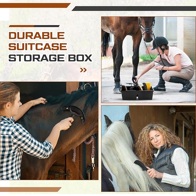 8 Pc Horse Grooming Kit - Includes Grooming Box, Face & Body Brush, Sweat Scraper, Hoof Pick, Mane & Tail Comb, Bathing Sponge - Gift for Horse Riders & Beginners