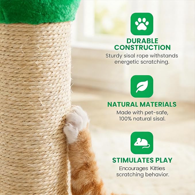 Cat Scratching Post for Small Space, 22'' Scratching Posts for Indoor Cats Adults, Extra Wide 13.4" Stable Base & Natural Sisal, Cute Cat Scratching Post with Short Plush Fabric for Large Cats, Green