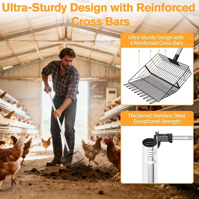 Reptilux Chicken Poop Scooper Adjustable Long Handle - Stainless Steel Sifter Shovel for Sand & Hemp Bedding - Metal Coop Scoop Rake - Chicken Accessories for Poultry, Dog & Cat Litter