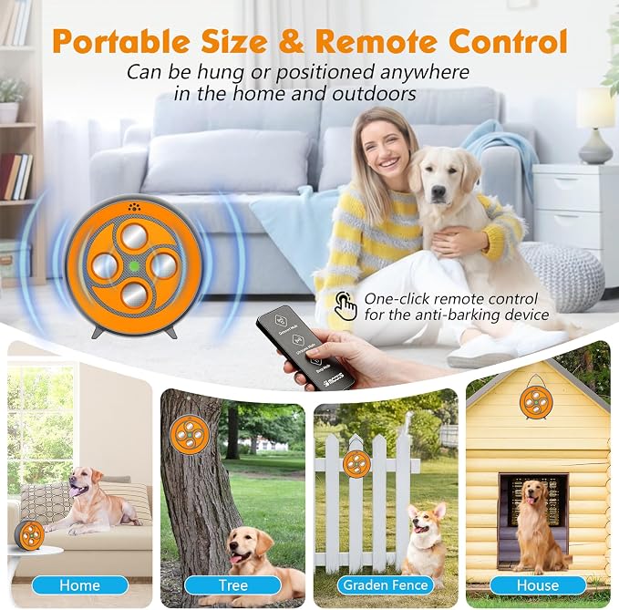 New Anti Barking Device for Dogs, Rechargeable Dog Barking Deterrent up to 75ft with Remote, Variable Ultra Frequency/6 Modes/IP65 Waterproof Dog Silencer Stop Neighbors‘ Dog from Barking (Orange)