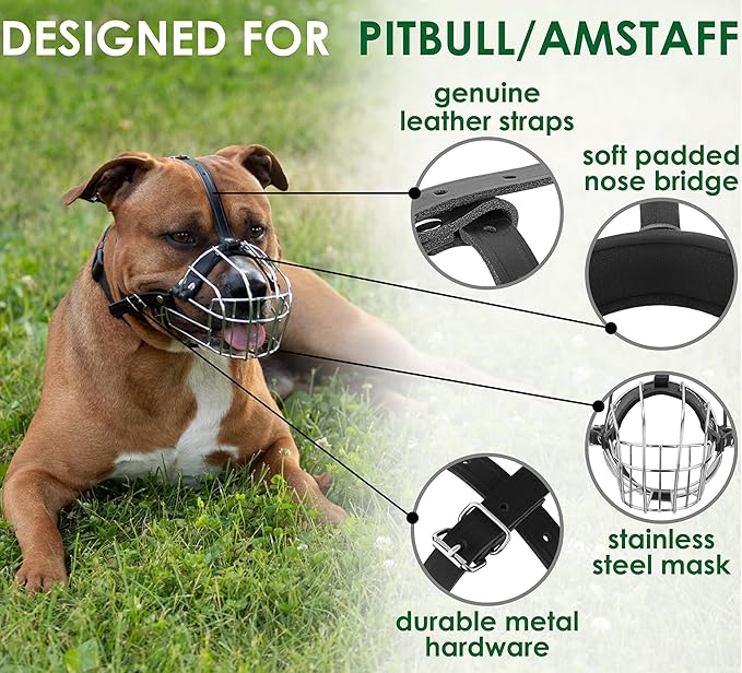 BRONZEDOG Pitbull Dog Muzzle Metal Mask Amstaff Wire Basket Pit Bull Adjustable Leather Straps for Large Dogs (Pink)