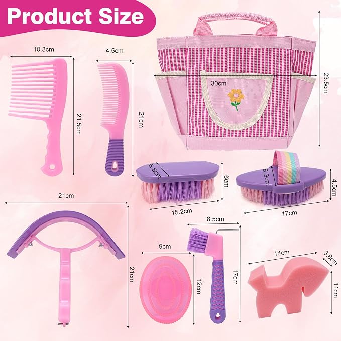 Horse Grooming Kit, Horse Brushes for Grooming Supplies Set with Organizer Bag, Horses Tack Brush Set for Effective Grooming and Cleaning, Gift for Horse Riders Beginners, Pink