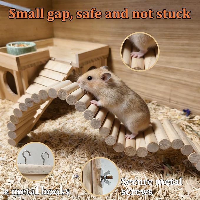 Hamiledyi Hamster Bridge 15.75x2.36in Hamster Wooden Bridge Bendy Climbing Ladder Long Suspension Bridge Chew Toys for Rat Mice Gerbil Chipmunk Sugar Glider