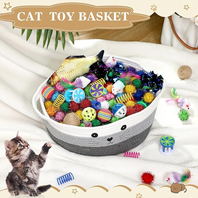 Zopeal 58 Pcs Mother’s Day Cat Storage Basket Gift Toys Set, Colorful Flashing Balls Pet Bell Crinkle Balls Spring Toys Attract Cat to Swat, Hunt, Interactive for Pet(Multicolor,12 Inch)