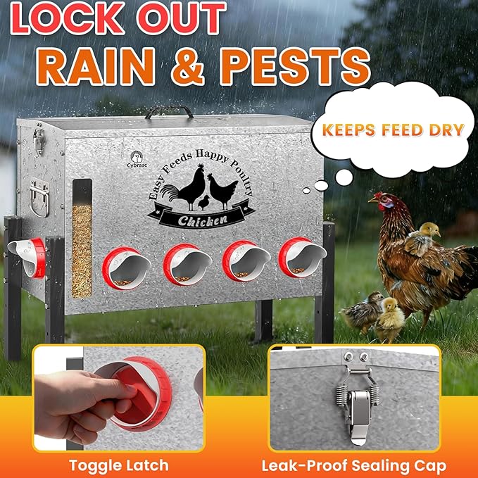 16gal Large Automatic Chicken Feeder - 10 Port No Waste Poultry Feeder, Rust-Proof Alloy Steel with Locking Lid & Adjustable Legs for Chickens, Ducks, Geese, Poultry