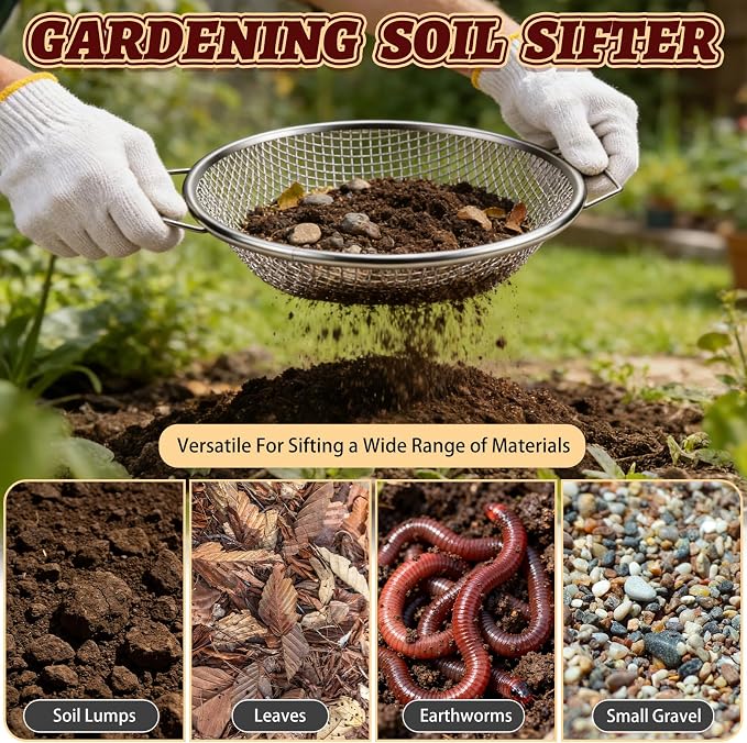 3PCS Soil Sifter for Gardening, Rock Soil Sifter with Handle Compost Sifting Screen for 5 Gallon Buckets with Metal Garden Tool Shovel Gloves 2,4,6mm Mesh Sizes Remove Stone Fine Gravel Sand Dirt