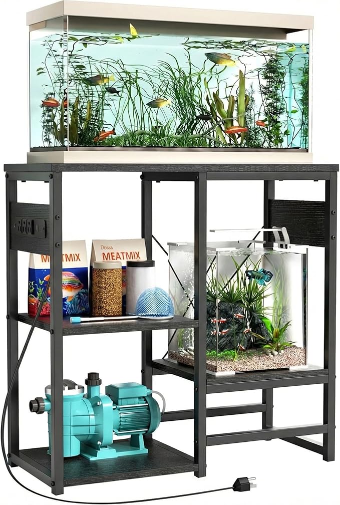 GRLEAF 5-10 Gallon Fish Tank Stand with Power Outlets, 4 Tier Metal Aquarium Stand with Wood Storage Shelves, 20.3" L x 10.6" W x 30.3" H Turtle Reptile Fish Tank Table Aquarium Table - Black