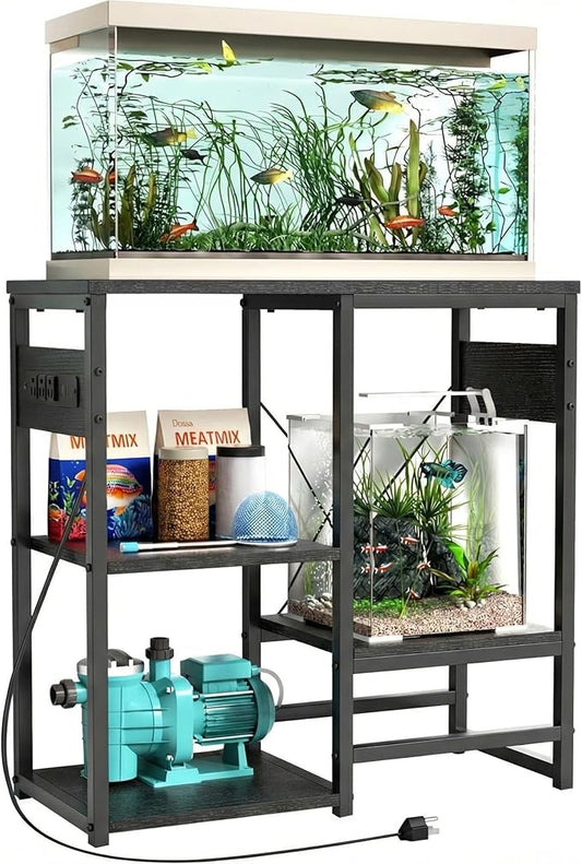 GRLEAF 20-30 Gallon Fish Tank Stand with Power Outlets, 4 Tier Metal Aquarium Stand with Wood Storage Shelves, 30.7" L x 13.8" W x 30.3" H Turtle Reptile Fish Tank Table Aquarium Table - Black
