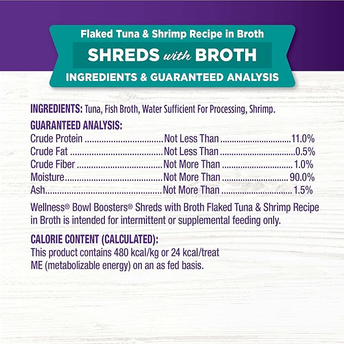 Wellness Bowl Boosters Shreds with Broth Wet Cat Food Topper, Grain Free, Natural, Flaked Tuna and Shrimp Recipe, 1.75 oz, Pack of 12 Pouches