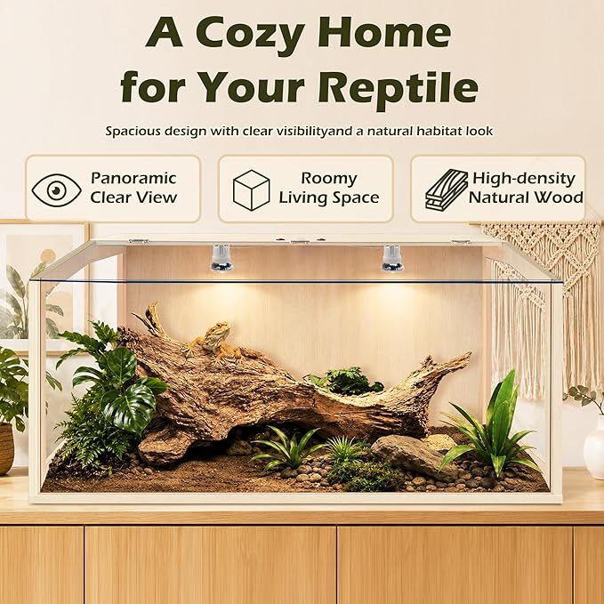 PROLEE Bearded Dragon Tank, Lizard Tank with Clear Tempered Glass Roof, Anti-Scratch Reptile Enclosure, Reptile Tank Built-in Light Fixtures with Switch (32X16X16inch,34 Gallon)