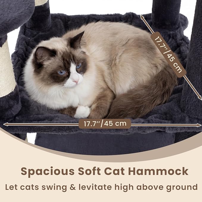 Heybly Cat Tree, 56-Inch Multi-Level Easy Climb Tower for Large Cats, Cat Furniture with 2 Perches, Cozy Hammock, Spacious Condo & Cat Basket, Durable Sisal Scratching Posts, Smoky Gray HCT028G