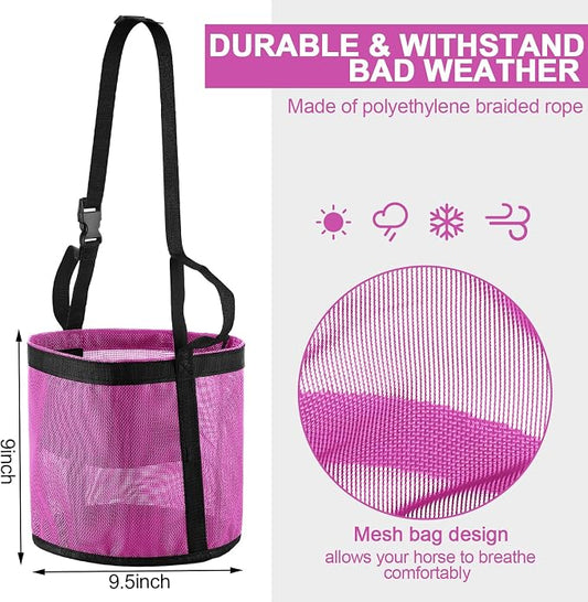 Sumind 2 Pcs Feed Horses Bag for Grain Hay Bags Heavy Duty Mesh Horse Feeder with Adjustable Strap Comfort Neck Pad Nose Pad and Waterproof Bottom Muzzle(Pink)