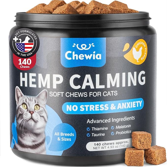 Cat Calming Treats - Hemp Calming Care for Cats - Cat Melatonin Soft Chews with Hemp Seed Oil and Probiotics - Cat Anxiety Relief - Storms, Travel, Grooming, Separation - Calming Chews for Cats