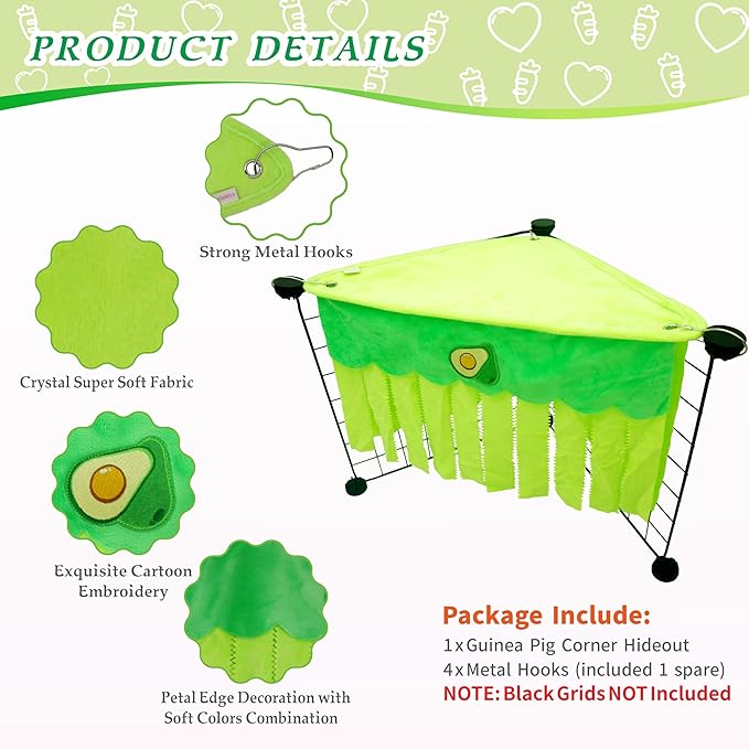 Guinea Pig Hideout, Cute Guinea Pig Corner Fleece Forest Hideaway 3-Side Curtain, Rabbit Hammock Toy and House Bed for Bunny, Ferret, Rat, Chinchilla and Small Animal Cage Accessories (Green)